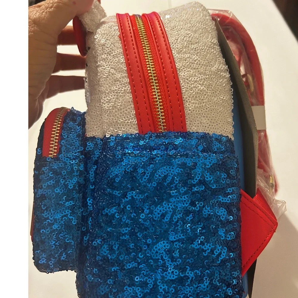 Hello Kitty Loungefly Sequin Mini Backpack Classic Overalls Blue Red White Bag